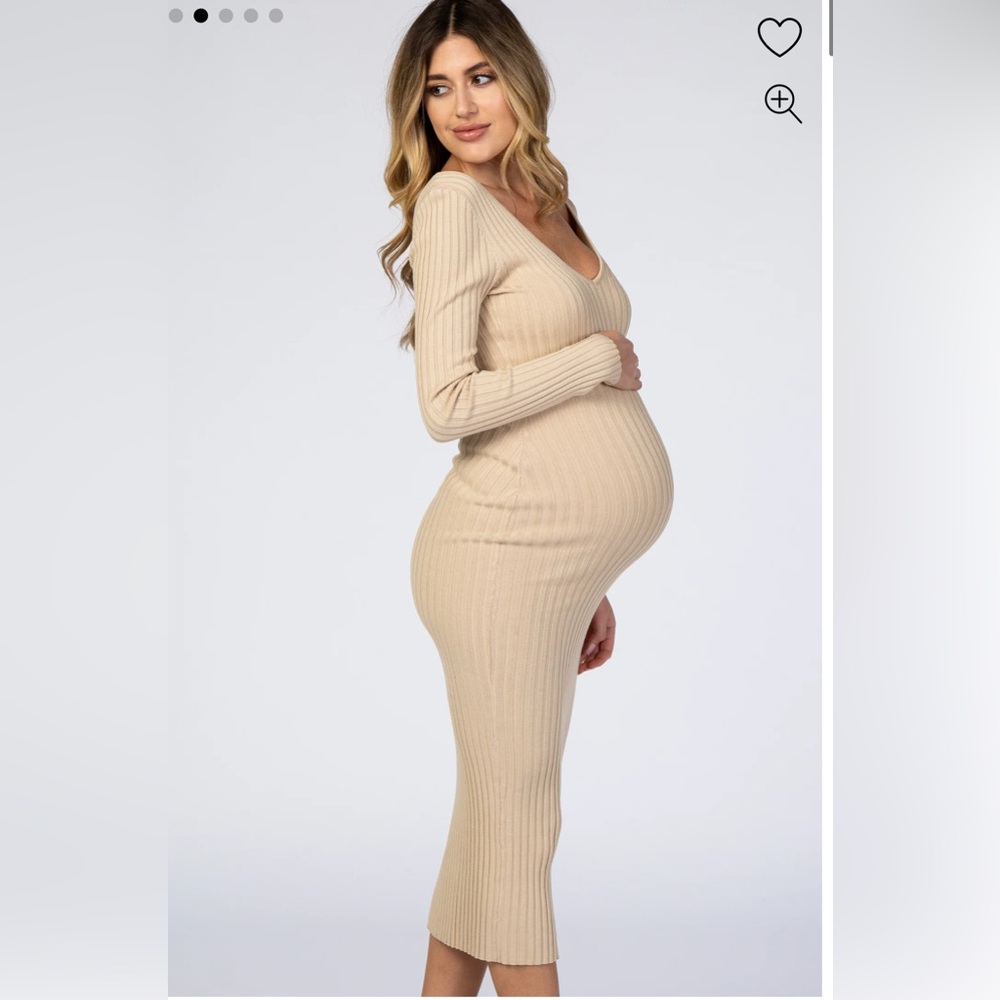 Taupe V-Neck Long Sleeve Fitted Maternity Maxi Dress